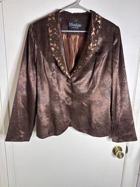 VTG Moshita Couture Brown Satin Blazer Scalloped Sequined Embellished Jacket 16